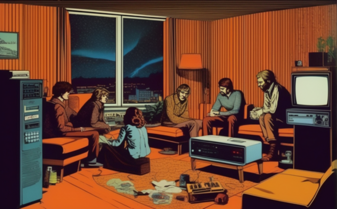 Wohnzimmer im Stil der 1980er Jahre. Darin sitzen 6 Menschen auf Sofas und Sesseln einander zugewandt. Im Raum verteilt stehen mehrere der Zeit entsprechende Computersysteme.